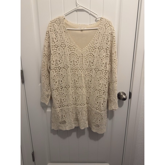 Adiva Tops - ADIVA Cream Crochet Lace V Neck Tunic Top Plus Size 1X